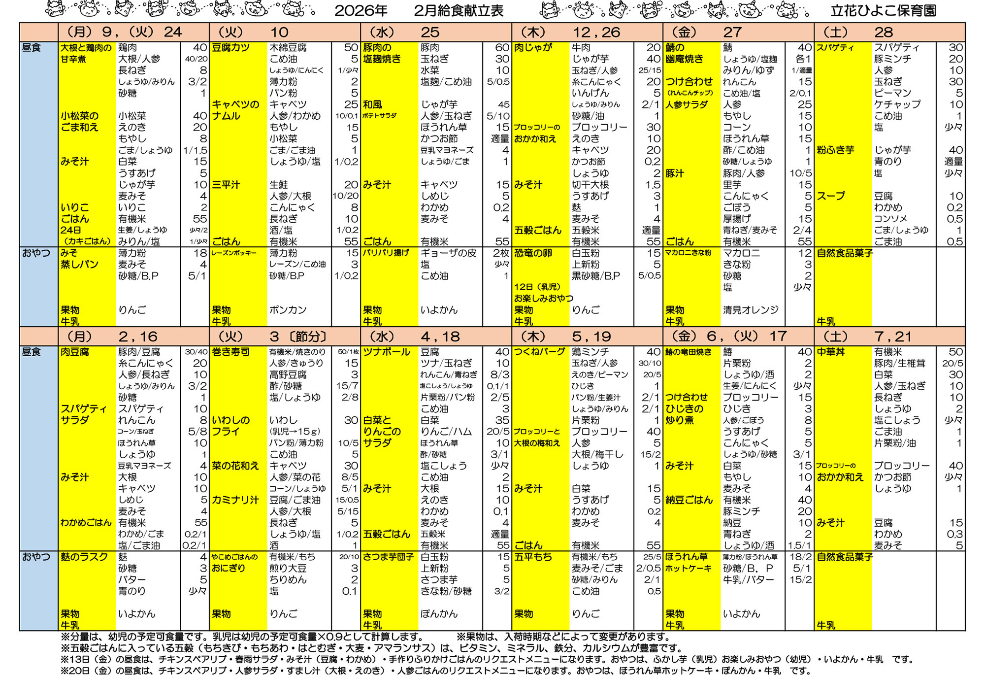 立花ひよこ保育園献立表