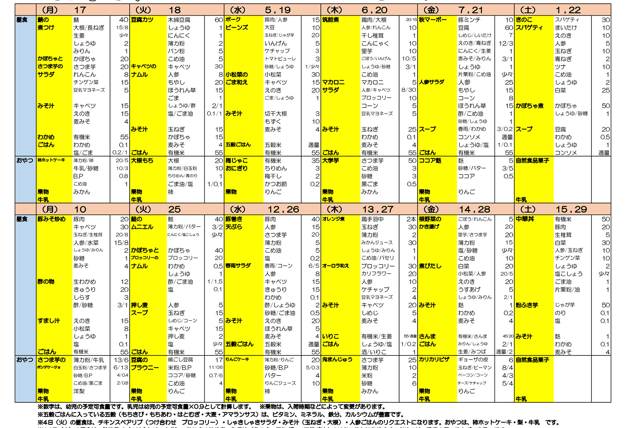 立花ひよこ保育園献立表