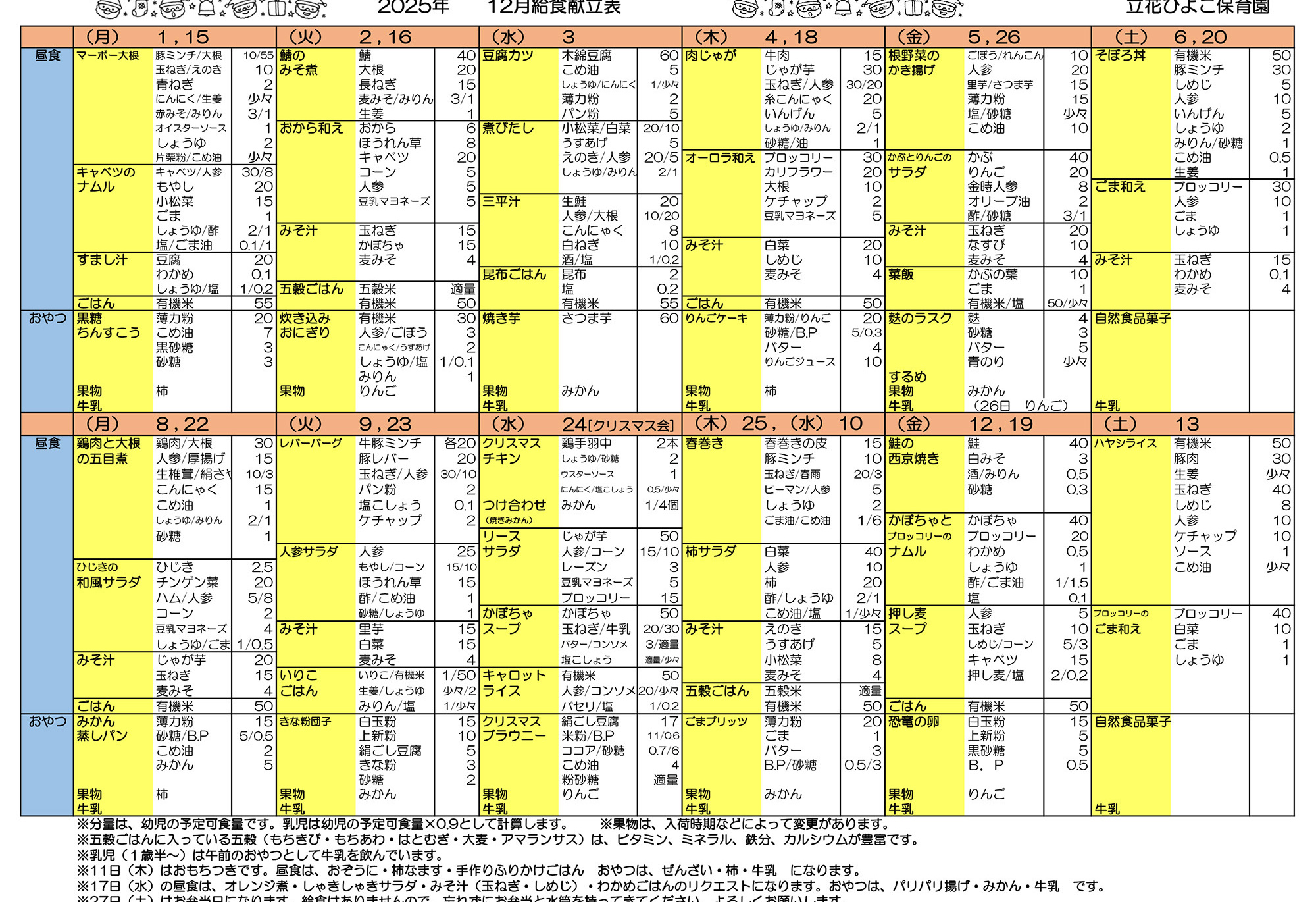 立花ひよこ保育園献立表